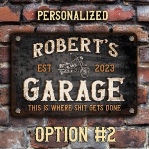 Motorcycle Garage Sign | Custom Cycle shop | Vintage Black with American Flag | Personalized Metal Sign #2 Shit gets done