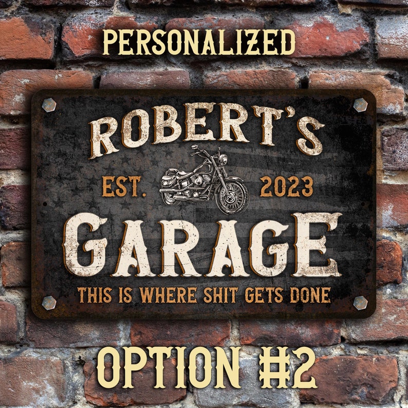 Motorcycle Garage Sign | Custom Cycle shop | Vintage Black with American Flag | Personalized Metal Sign #2 Shit gets done