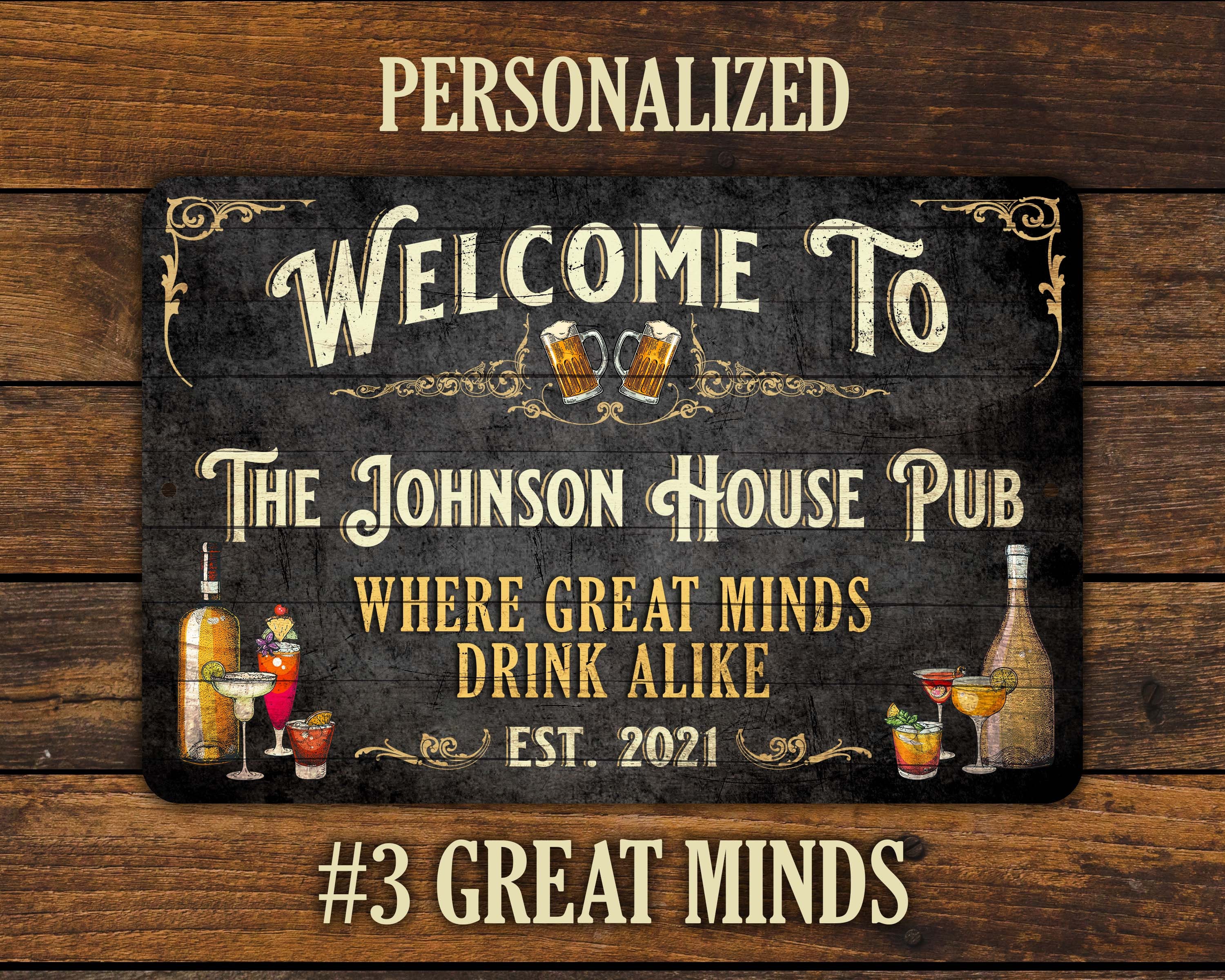 Bar Sign Vintage Black Wood Design - Personalized Metal Sign Bar Sign Vintage Black Wood Design - Personalized Metal Sign
