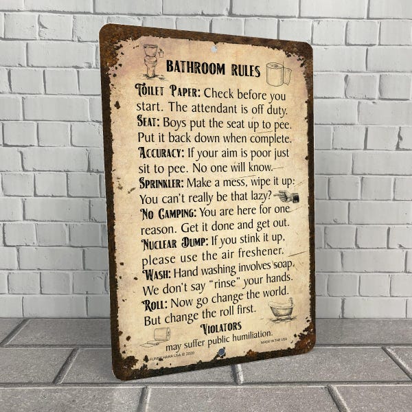 Letrero metálico divertido de estilo antiguo con reglas de baño