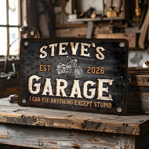 Motorcycle Garage Sign | Custom Cycle shop | Vintage Black with American Flag | Personalized Metal Sign image 1