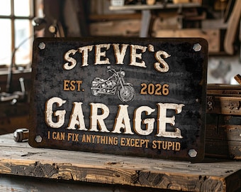 Motorcycle Garage Sign | Custom Cycle shop | Vintage Black with American Flag | Personalized Metal Sign