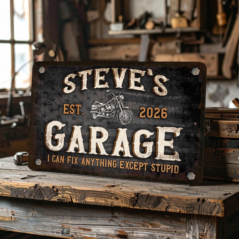 Motorcycle Garage Sign | Custom Cycle shop | Vintage Black with American Flag | Personalized Metal Sign image 1
