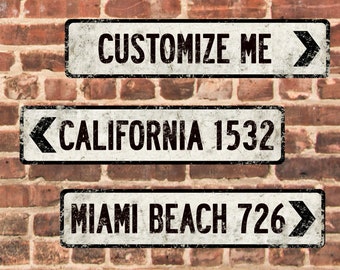 Custom White Directional Metal Street Sign Vintage-Style with Weathered Appearance - 4" x 18"