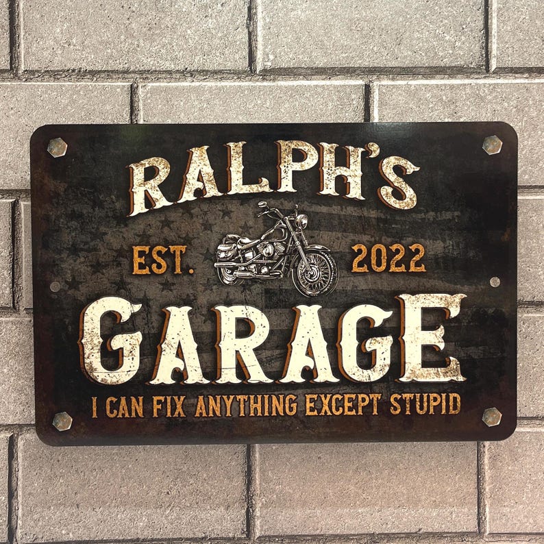 Motorcycle Garage Sign | Custom Cycle shop | Vintage Black with American Flag | Personalized Metal Sign image 3