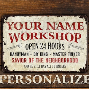 Workshop Sign Personalized | Funny Gift for Dad | Custom Metal Sign | Vintage Aged Design