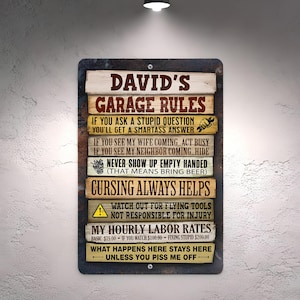 Personalized Garage Rules Metal Sign: Funny Workshop Decor