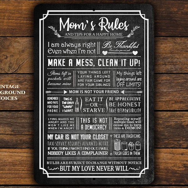 Mom's Rules Funny Metal Sign