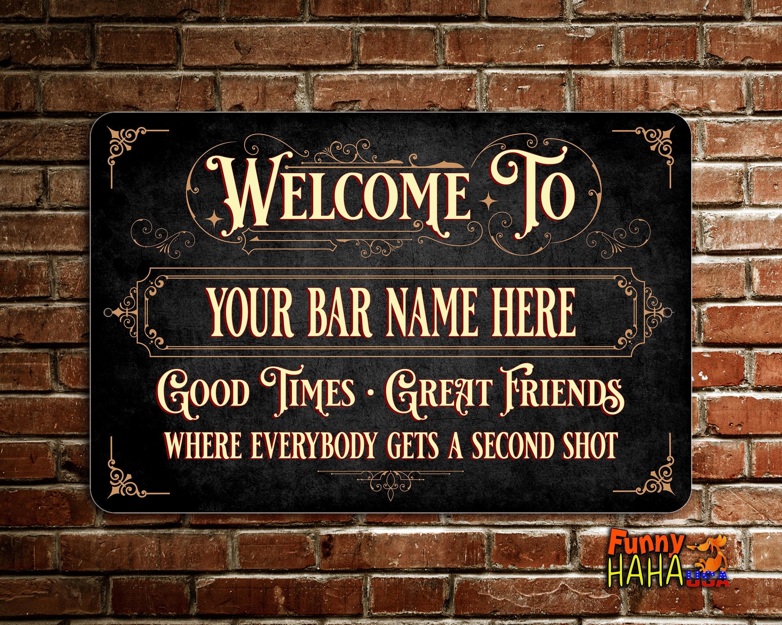 Vintage Bar Sign Personalized With Yellow Text In Black Background 