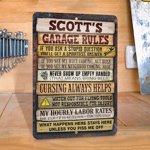 Personalized Garage Rules Sign for Workshop or Office, Unique Gift Idea