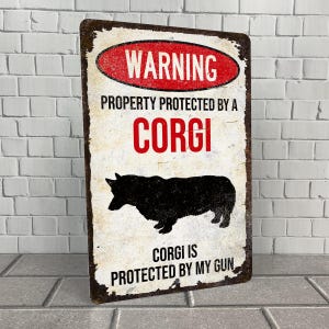 Funny Corgi Beware of Dog Sign: Rustic Aluminum Decor