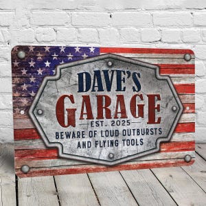 Custom Metal Garage Sign, Vintage American Flag