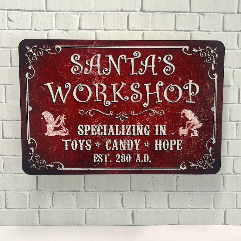 Santa's Workshop Vintage - Style Metal Christmas Sign image 1