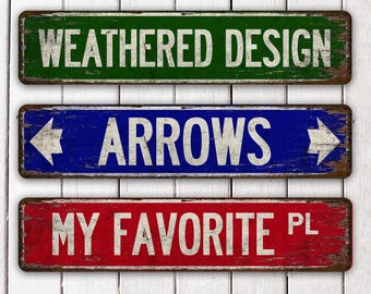 Custom Street Sign | Vintage Weathered Design | 10 Color Choices | Left or Right Arrow