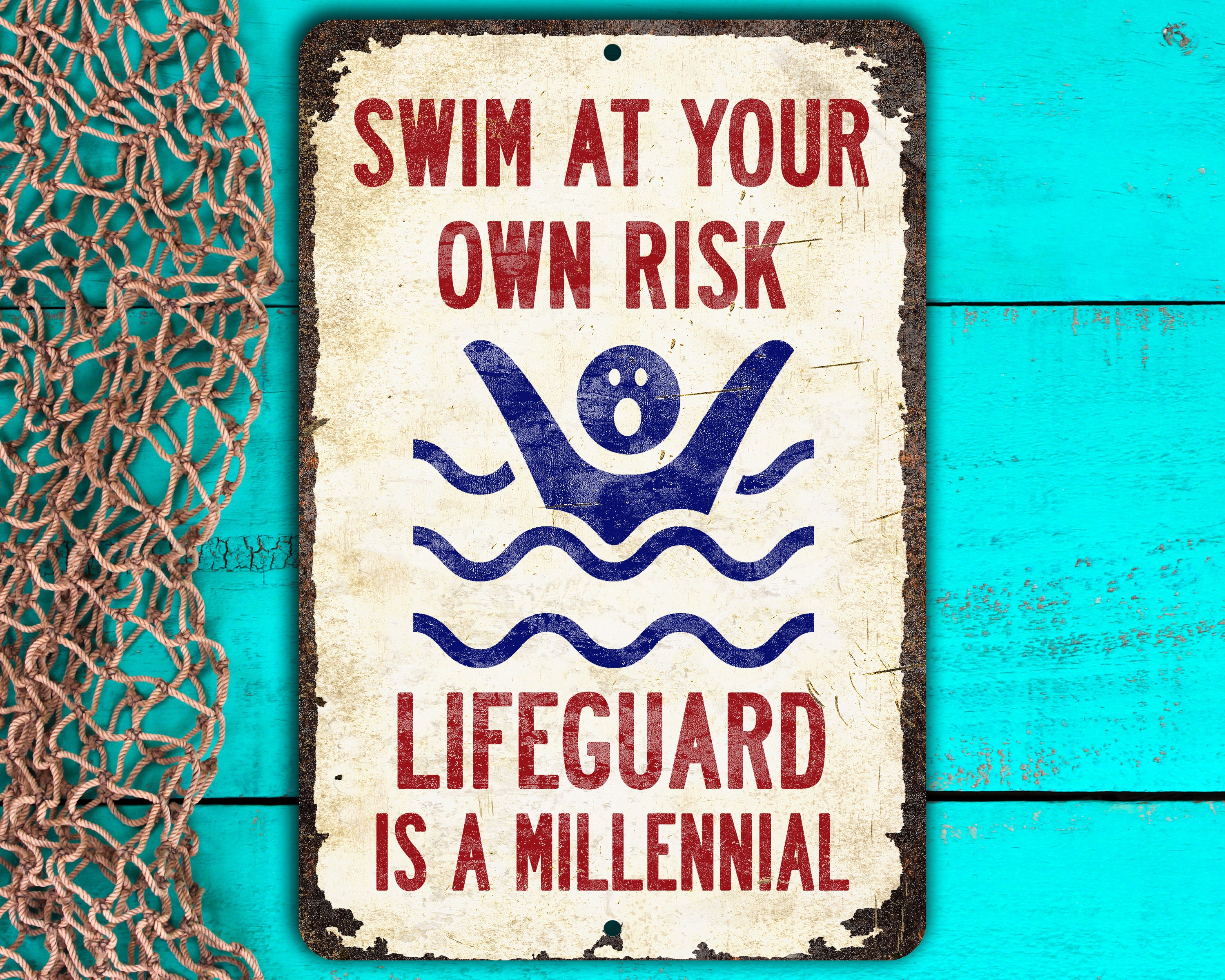 Cartello Metallico 'Swim At Your Own Risk' 20x30 Cm: Segnale Di Sicurezza Per Piscina, Decorazione Vintage Per Esterni E Interni