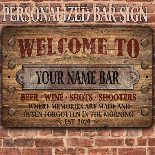 Bar Sign Vintage Black Wood Design Personalized Metal Sign Etsy