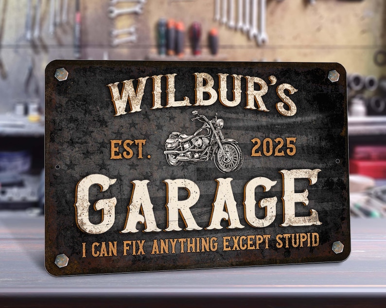 Motorcycle Garage Sign | Custom Cycle shop | Vintage Black with American Flag | Personalized Metal Sign image 2