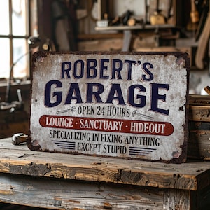 Personalized Garage Sign: Rusty Steel Metal Workshop Decor