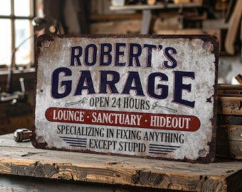 Gepersonaliseerde garagebord: werkplaatsdecoratie roestig staal