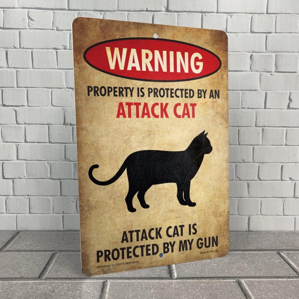 Attack Cat Warning Sign | Funny Gun Owner Metal Decor