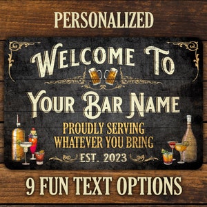 Bar Sign Vintage Black Wood Design - Personalized Metal Sign