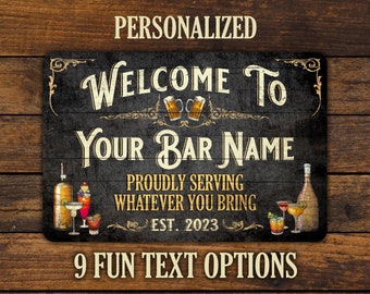 Bar Sign Vintage Black Wood Design - Personalized Metal Sign