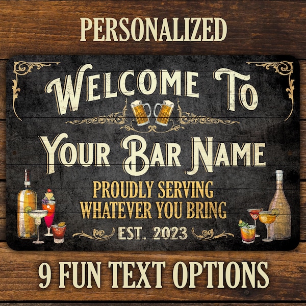 Bar Sign Vintage Black Wood Design - Personalized Metal Sign