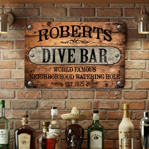 Custom Bar Sign | Vintage Wood Design | Any Location | Garage | Man Cave | Personalized Metal Sign