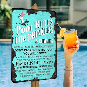 Funny Pool Rules Metal Sign: Rustic Poolside Decor