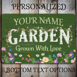 Custom Flower Garden Sign, Personalized Metal Garden Decor, Farmhouse Green Weathered Wood Design, Gift for Mom