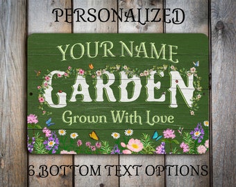 Custom Flower Garden Sign, Personalized Metal Garden Decor, Farmhouse Green Weathered Wood Design, Gift for Mom