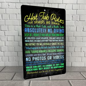 Hot Tub Rules Sign, Funny Metal Sign for Drinkers and Dummies