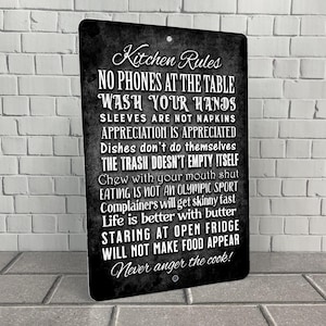 Kitchen Rules Sign, Funny Metal Sign, Vintage Black Design