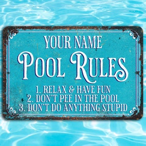 Three Simple Pool Rules Personalized Metal Sign | Fun Pool Area  Decor