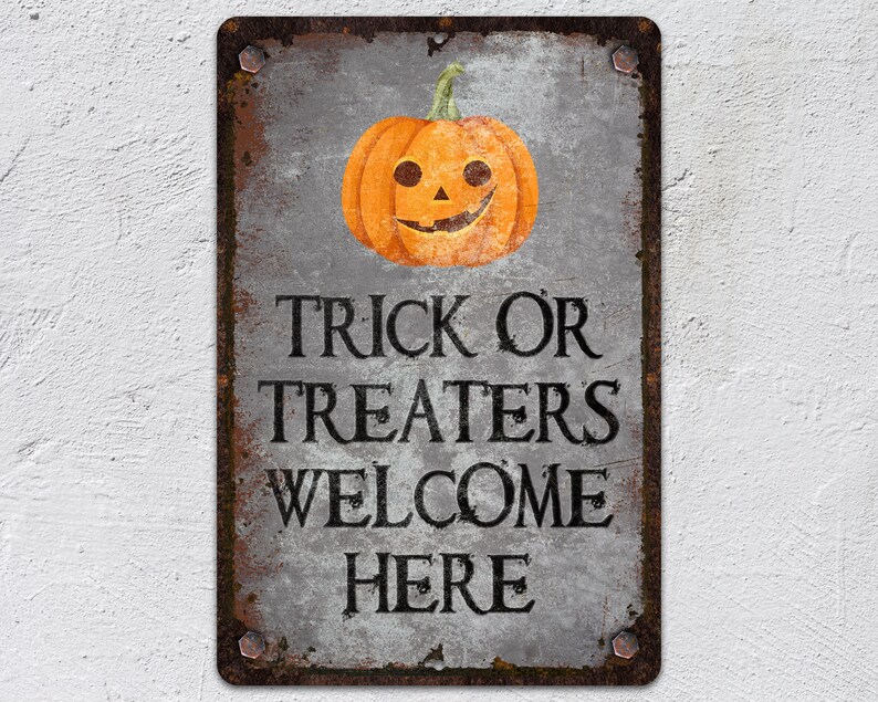 Trick or Treat Vintagestyle Metal Door Sign Etsy