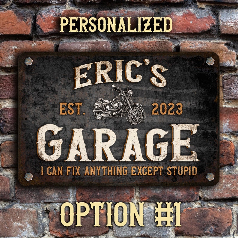 Motorcycle Garage Sign | Custom Cycle shop | Vintage Black with American Flag | Personalized Metal Sign #1 Fix Stupid