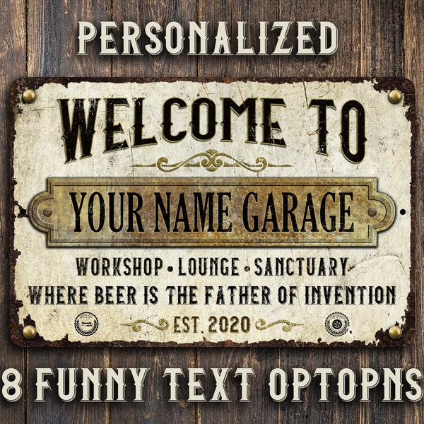 Custom Garage Sign, Aged White Vintage Design, Personalized Gift for Men