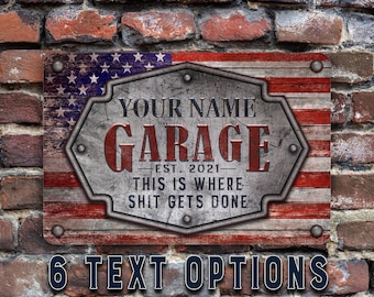 Garage Sign, Personalized Rustic American Flag Design Metal Sign