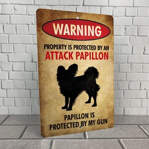 Humorous Papillon Guard Dog Warning Sign - Metal Property Protection Decor for Pet Lovers