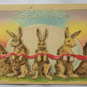 Early 1900&#39;s Easter Greetings Rabbits Easter Hunting Vintage Embossed Postcard