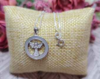 Angel Pendant Necklace | Mother-of-Pearl and Silver Medal | 18” Stainless Steel Chain | Religious Gift for Women / Girls | Catholic Jewelry