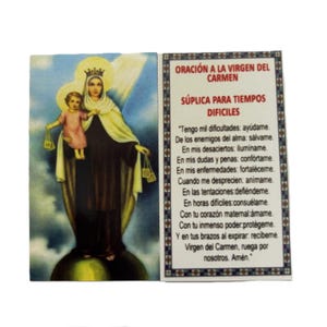 Carte sainte de prière de Notre-Dame du Mont Carmel, Virgen del Carmen en espagnol Carte sainte religieuse avec prière en espagnol (6 pièces)