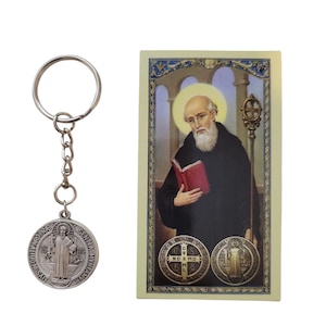 Saint Benedict Keychain with prayer card, St Benedict Medal Catholic, St Benedict for protection, St Benedict Keychain amulet, San Benito