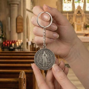 Chaveiro de São Bento, medalha de São Bento, cartão de oração de São Bento, chaveiro de São Bento, acessórios católicos, chaveiro de proteção