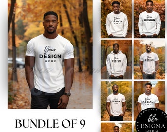 Black Male Model Mockup Bundle | Fall Backdrop | Autumn TShirt Mockup | Male T-shirt Mockup | Hoodie Mockup | White Shirt | White Sweatshirt