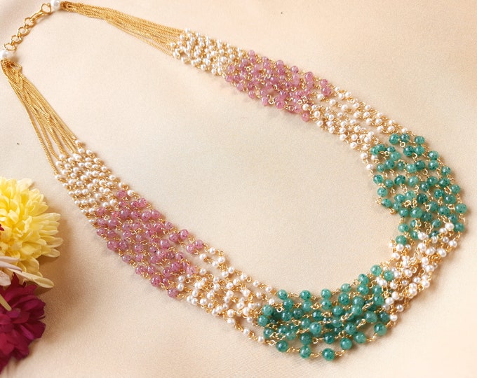 Red Green and White Multi Strand Long Pearl Necklace Multicolor Pearl