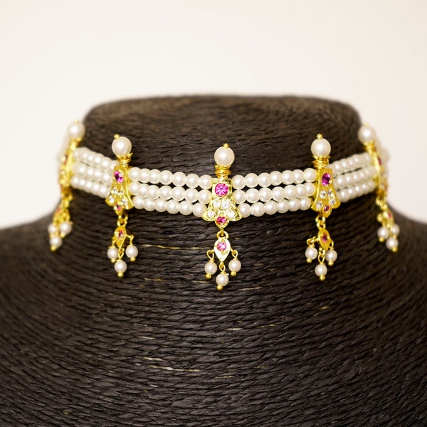 Chinchpeti Necklace With Pearls And Pink Stones | Traditional Pearl Necklace | Moti Chinchpeti Online | Indian Pearl Jewelry