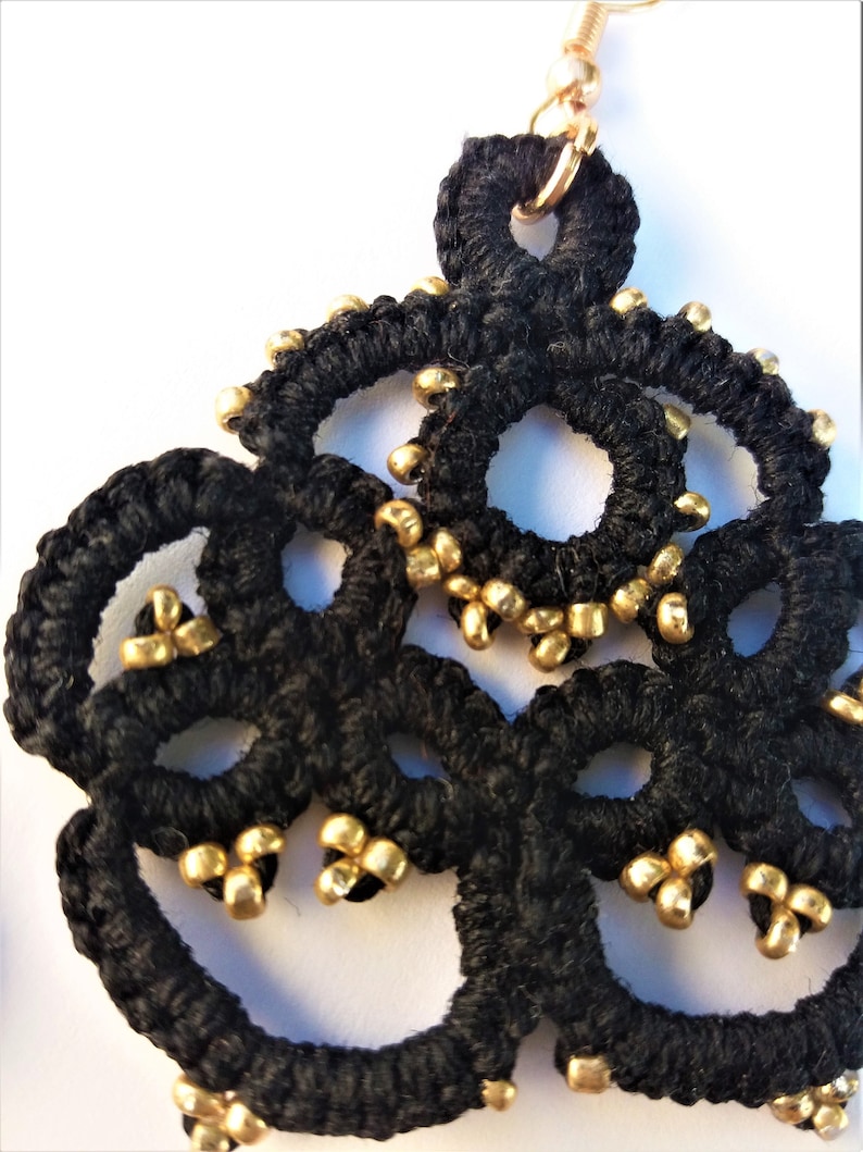 Black lace tatting earrings beaded with gold little seed beads Small lightweight gift for women