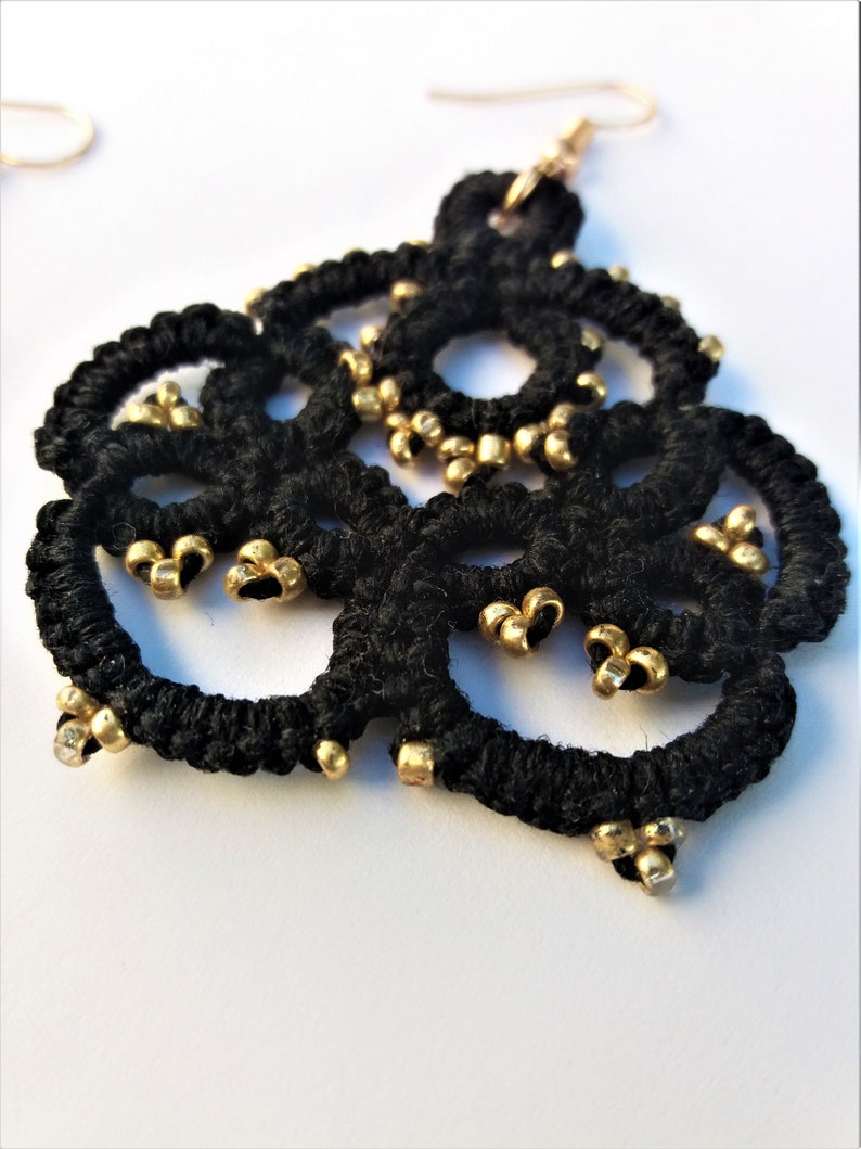 Black lace tatting earrings beaded with gold little seed beads Small lightweight gift for women