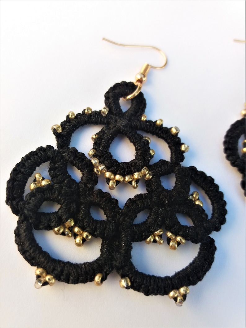 Black lace tatting earrings beaded with gold little seed beads Small lightweight gift for women